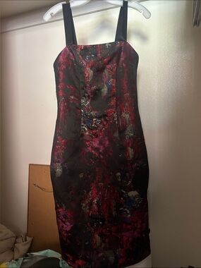 David's Bridal Black Midi Sheath Dress with Red Floral Abstract Print